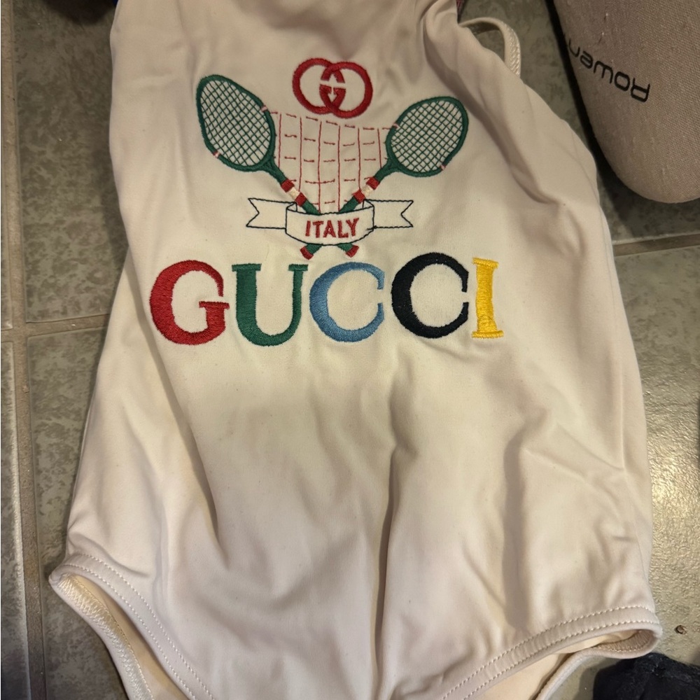 Gucci Little Girl’s size 5t White and Red Bodysuit with Colorful Accents